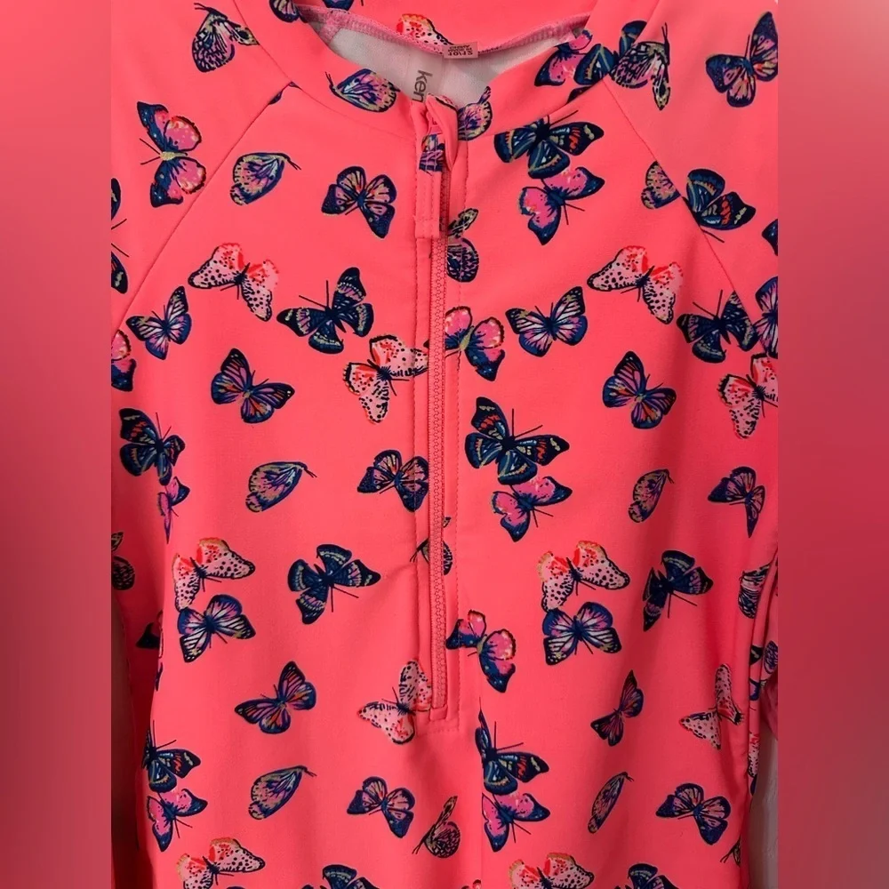 Kensie Girl Long - Sleeved Half - Zip Pink Butterfly Rashguard